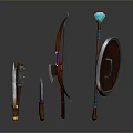 Fantasy Medieval Weapons Display Featuring Shield Axe Sword Bow Staff And Dagger 3d model
