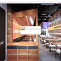 Modern Casual Shaochuan Restaurant Interior With Orange Decor Long Dining Tables And Neon Signs