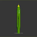 Green Rocket Model 3D Rendering with Yellow Nose Cone and Silver Stand Base
