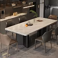 Modern Restaurant Interior With Marble Dining Table Six Chairs Cabinets And Decorative Plant
