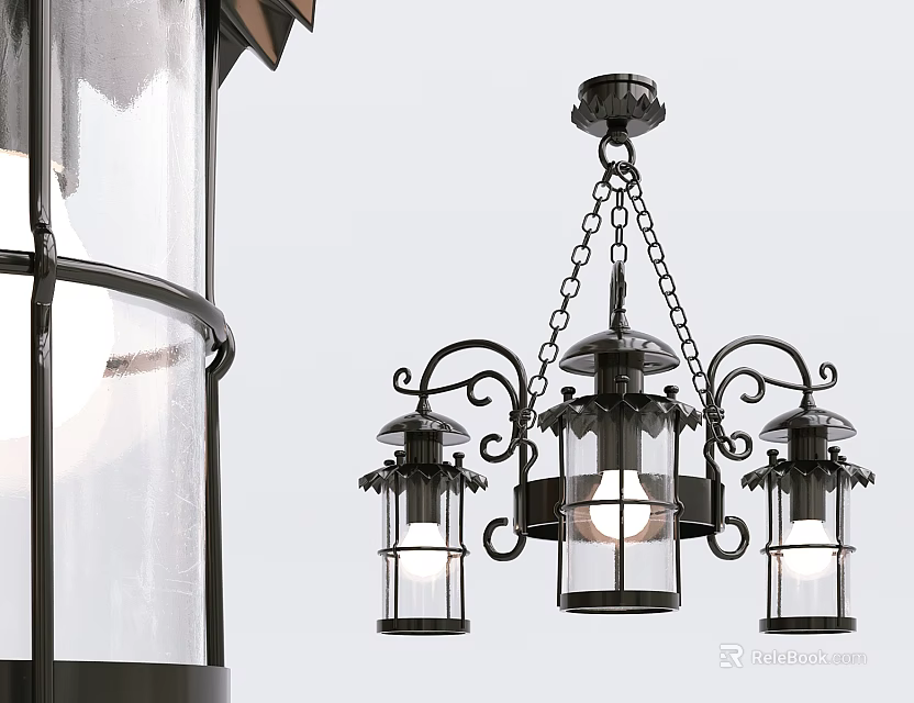 Vintage Black Metal Chandelier With Glass Shades And Intricate Scrollwork Design 3d model 