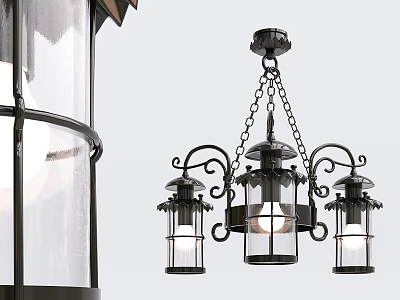 Vintage Black Metal Chandelier With Glass Shades And Intricate Scrollwork Design 3d model