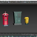 Colorful Cartoon Scene With Red Mailbox Green Cabinet And Yellow Trash Can