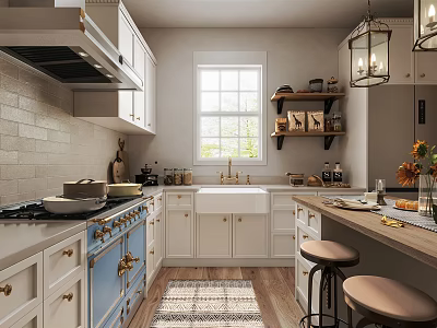Modern Classic Kitchen Interior With White Cabinets Blue Vintage Stove Wall Shelves And Wooden Floors 3d model