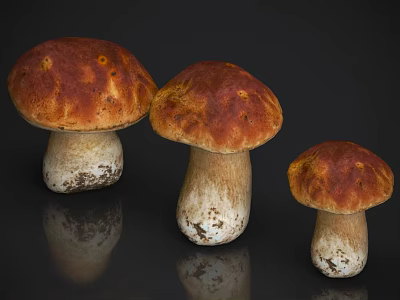 Fresh Edible Mushrooms with Size Variations Chestnut Brown Caps White Stems and Soil at Base 3d model