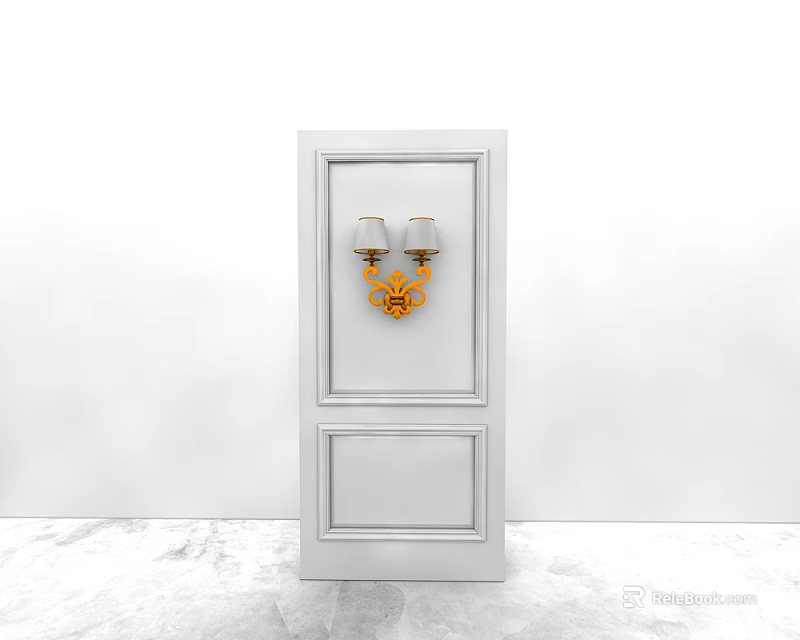 Elegant Golden Wall Sconces Installed On White Door With Glass Shades And Classic Design 3d model 