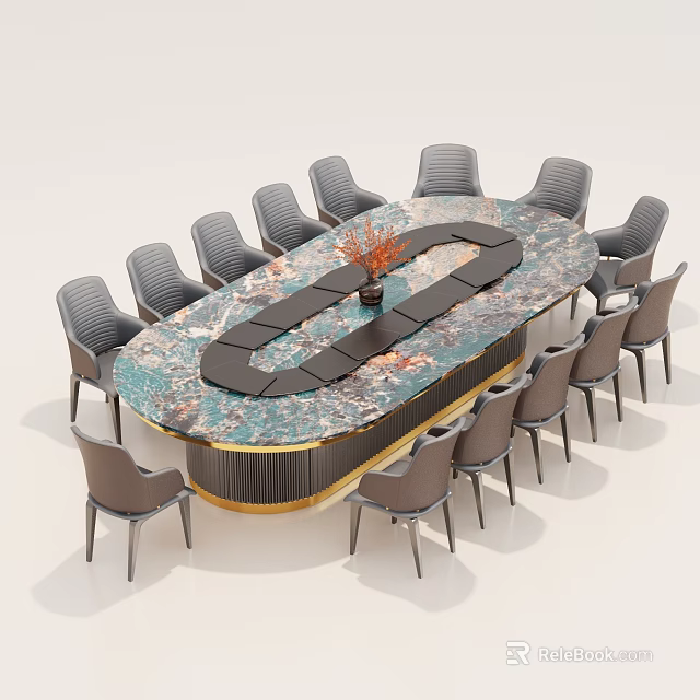 Modern Oval Dining Table Set With Marble Top Grey Chairs Flower Vase And Decorative Pattern 3d model 