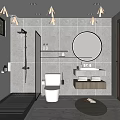 Modern Bathroom Interior Design With Gray Tile Walls Bathtub Walk in Shower Round Mirror And Wooden Door