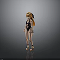 3D Female Character With Orange Long Hair Black Swimsuit Accessories Sandals And Gray Background