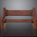 Red Metal Bench With Perforated Slats And Rustic Wooden Frame