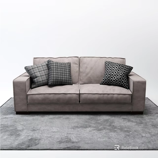 Modern Gray Two Seater Sofa with Plaid and Patterned Throw Pillows on Gray Carpet 3d model