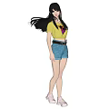 Long Haired Woman In Yellow Graphic T-shirt Denim Shorts And Brown Belt Against Black Background