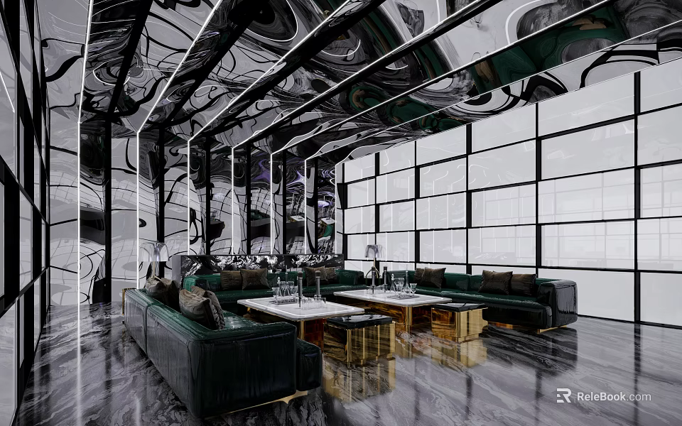 Luxurious KTV Lounge With Green Sofas Gold Coffee Tables And Marble Flooring 3d model 