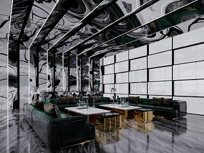 Luxurious KTV Lounge With Green Sofas Gold Coffee Tables And Marble Flooring 3d model