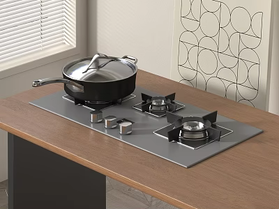 Gas Stove with Black Frying Pan on Wooden Countertop by Window and Geometric Wall Decor 3d model