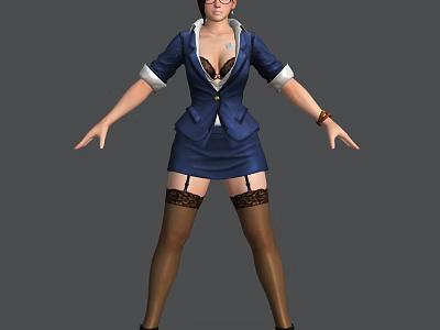 Woman in Blue Blazer Dress with Glasses and Lace Thigh High Stockings Standing Arms Outstretched 3d model