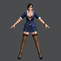 Woman in Blue Blazer Dress with Glasses and Lace Thigh High Stockings Standing Arms Outstretched 3d model