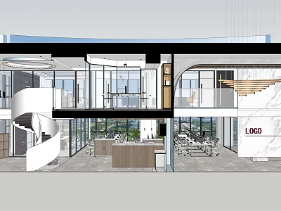 Modern Public Office Space With Open Layout Workstations And Glass Walls 3d model