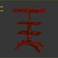 Ornate Red Three Tiered Storage Shelf With Decorative Patterns And Curved Legs