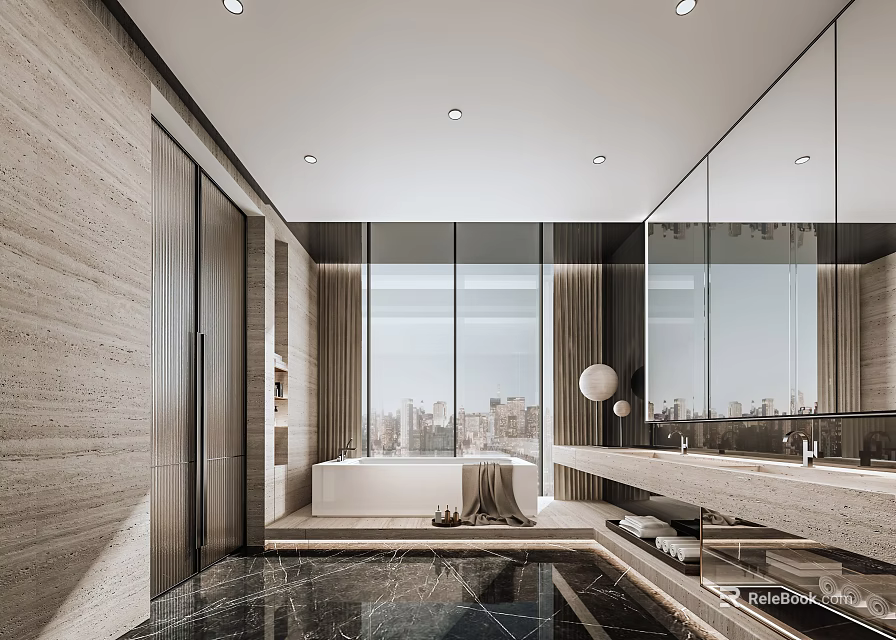 Modern Bathroom Interior Design With Large Windows City View Bathtub And Marble Accents 3d model 
