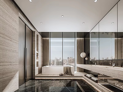 Modern Bathroom Interior Design With Large Windows City View Bathtub And Marble Accents 3d model