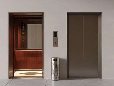 Modern Elevator Lobby Featuring Open Door Wooden Interior Metal Doors And Trash Bin 3d model