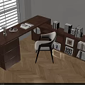 L shaped Wooden Desk With White Chair Bookshelf Books Photo Frames And Window Blinds