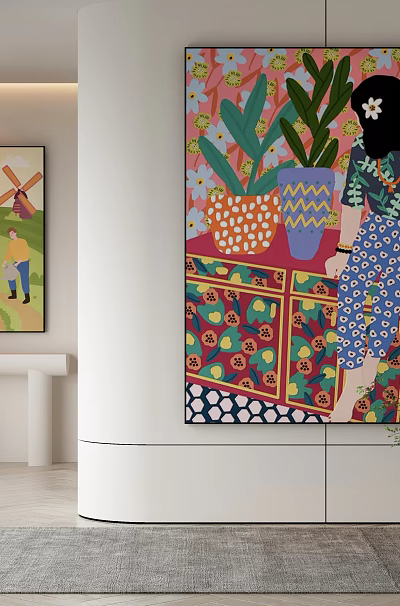 Abstract Painting Featuring a Woman with Plants and Colorful Decorative Cabinet in Modern Interior 3d model