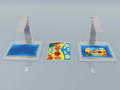 Commercial Display Equipment with Metal Stands Blue Platforms and Colorful Board Featuring Fruits Sun 3d model