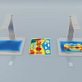 Commercial Display Equipment with Metal Stands Blue Platforms and Colorful Board Featuring Fruits Sun