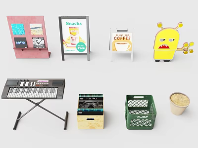 Household Supplies With Display Boards Snacks Coffee Signs Cartoon Figure Keyboard Storage Basket And Cup 3d model