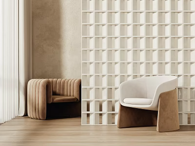 Modern Brown And White Accent Chairs With Geometric Pattern Wall And Wooden Floor 3d model