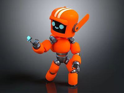 Smart Orange Cartoon Robot With White Stripes and Blue Eyes Holding Small Blue Object 3d model