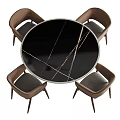 Elegant Round Dining Table With Black Marble Top Golden Veins And Brown Upholstered Chairs