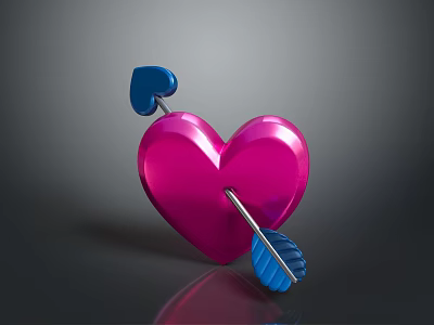 3D Rendered Shiny Pink Heart With Blue Arrow On Dark Background 3d model