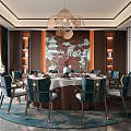Private Dining Room With Chinese Style Round Table And Pendant Light Decor 3d model