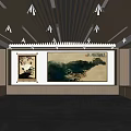 Modern Exhibition Hall Interior With Wooden Ceiling Linear Lighting And Artworks