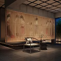 Modern Oriental Hotel Public Lounge Area With Wooden Lattice Ceiling Bamboo View And Decorative Screen