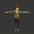Child Character with Green Bun Hairstyle White Face Brown Coat Red Belt and Mechanical Arm