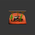 Cartoon Scene With Cute Snack Cart Green Cactus And Wooden Shelter On Red Sandy Ground