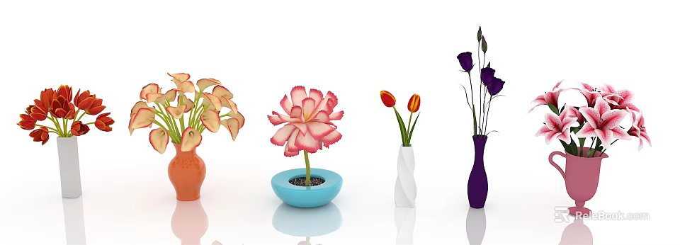 Colorful Decorative Vases With Tulips Carnations And Purple Blooms In White Background 3d model 
