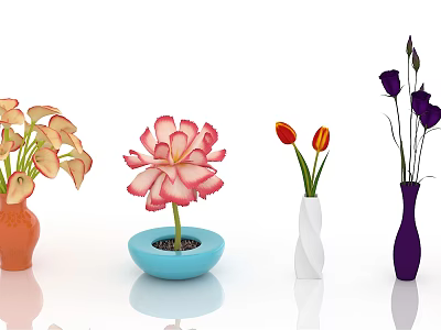 Colorful Decorative Vases With Tulips Carnations And Purple Blooms In White Background 3d model