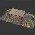 Bamboo Structure Model With White Canopy Wooden Tables Chairs And Blue Base