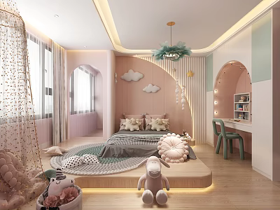 Pink Kids Room Interior With Cloud Decorations Round Bed Stuffed Toys And Desk Chair 3d model