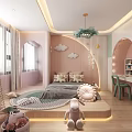 Pink Kids Room Interior With Cloud Decorations Round Bed Stuffed Toys And Desk Chair