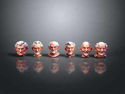 Old Man Head Models With Six Different Expressions On Gray Background And Reflections 3d model