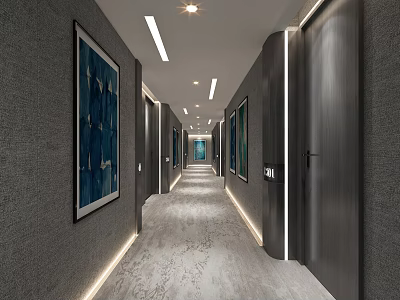 Elegant Modern Hotel Corridor With Gray Textured Walls Light Carpet Artwork Side Doors And Lighting 3d model