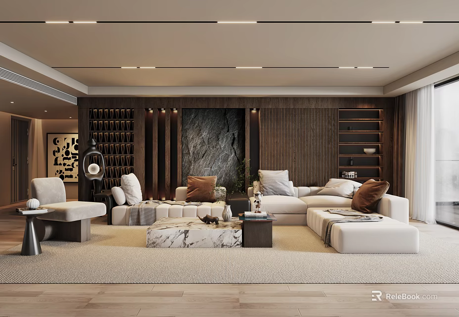 Modern Living Room Interior With White Sofas Brown Cushions And Marble Coffee Table 3d model