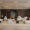 Modern Living Room Interior With White Sofas Brown Cushions And Marble Coffee Table 3d model