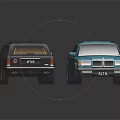 Two Classic Black and Blue Vintage Cars with Retro Exterior Design